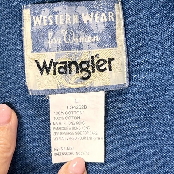 Vtg Wrangler Western Wear Denim Shirt White Blue Cowgirl Rodeo Zig Zag Plaid Lg - Picture 4 of 13